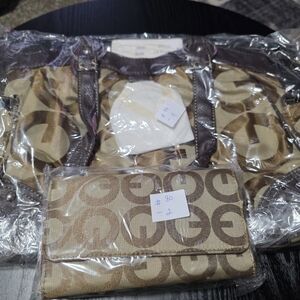 Brown and Tan Logo Tote Bag and Wallet Set